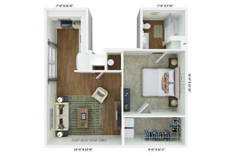 a stylized floor plan with a bedroom and a living room